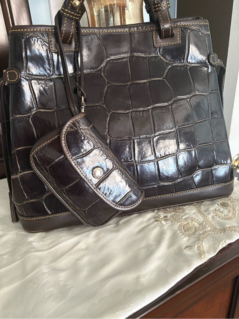 Dooney & Bourke Croc-Embossed Dark Brown Satchel with Matching Pouch